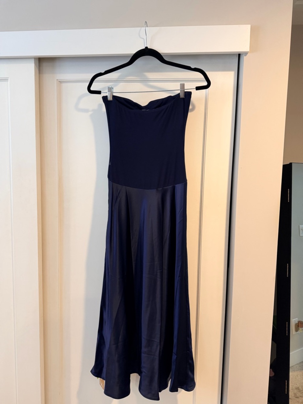 NWT OGL Strapless Navy Satin Midi Dress in Size Small - Picture 9 of 10